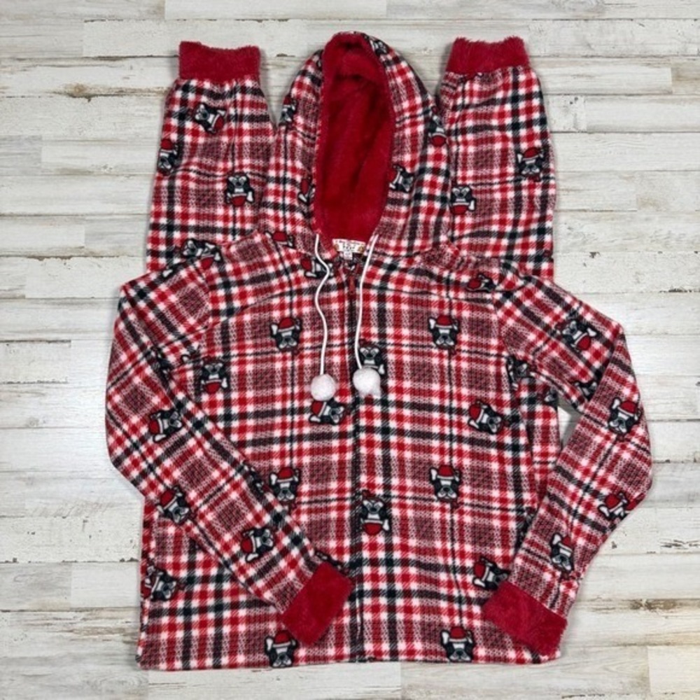 Christmas‎ Onesie POOF New York Red Plaid French Bulldog Fleece Hooded Sz Large